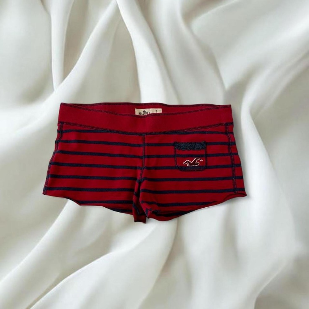 Hollister navy blue red striped mini shorts lace pocket detail y2k mcbling fairy